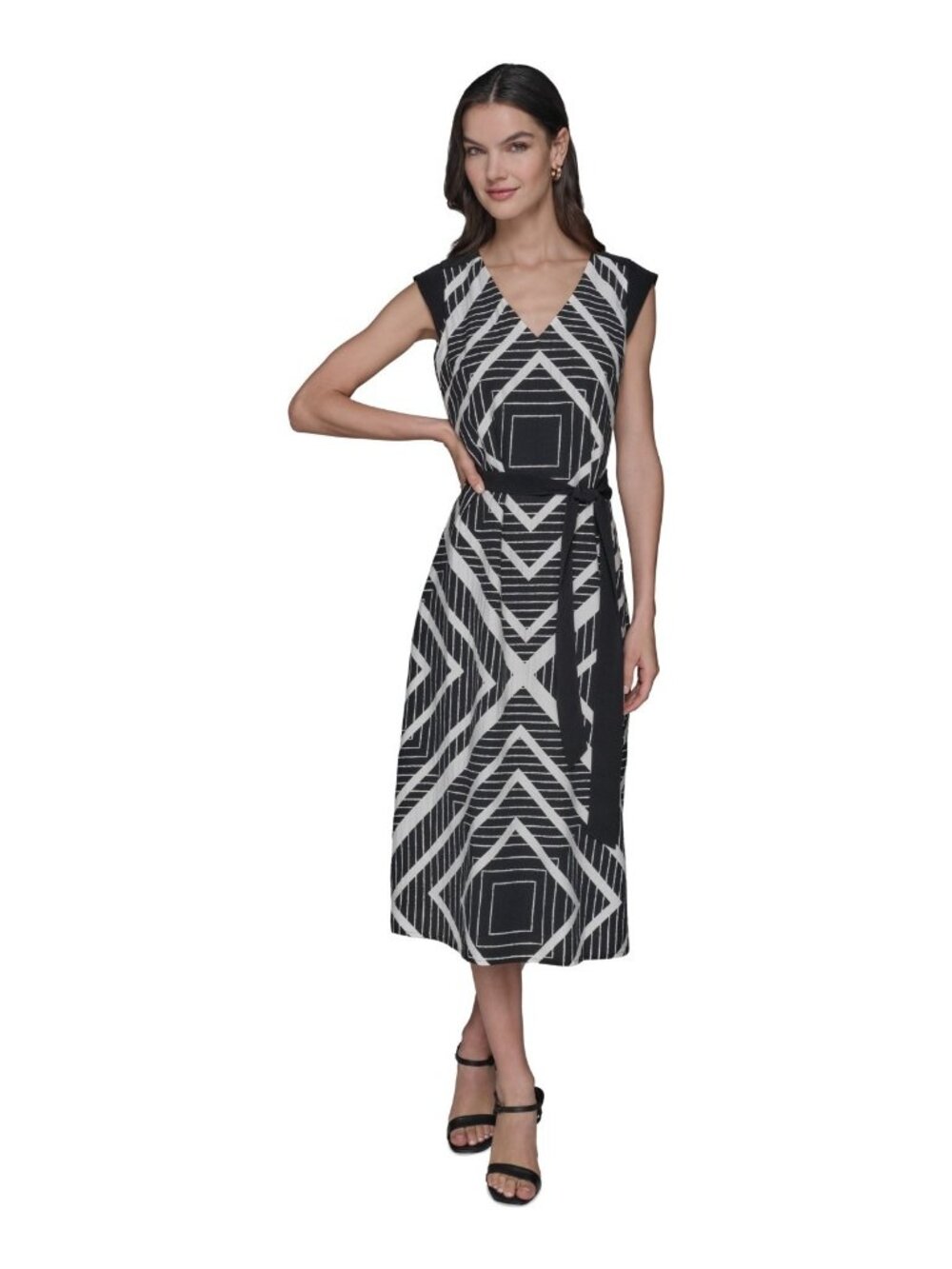 KARL LAGERFELD Geo-Print Removable Belted V-Neck Black Midi Dress Size XL $159